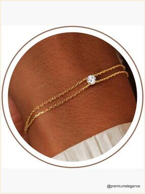 Dainty Snake Chain CZ Heart Pendant Bracelet, Adjustable 6-8in